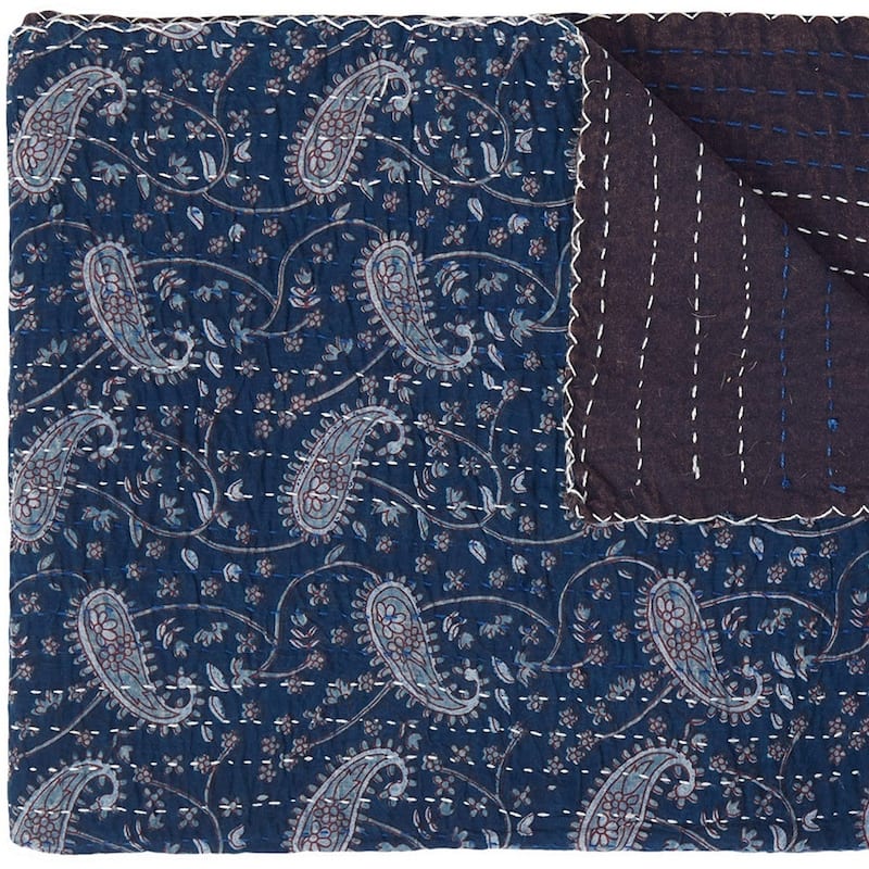 HomeRoots 50" X 70" Blue and Gray Kantha Cotton Paisley Throw Blanket with Embroidery