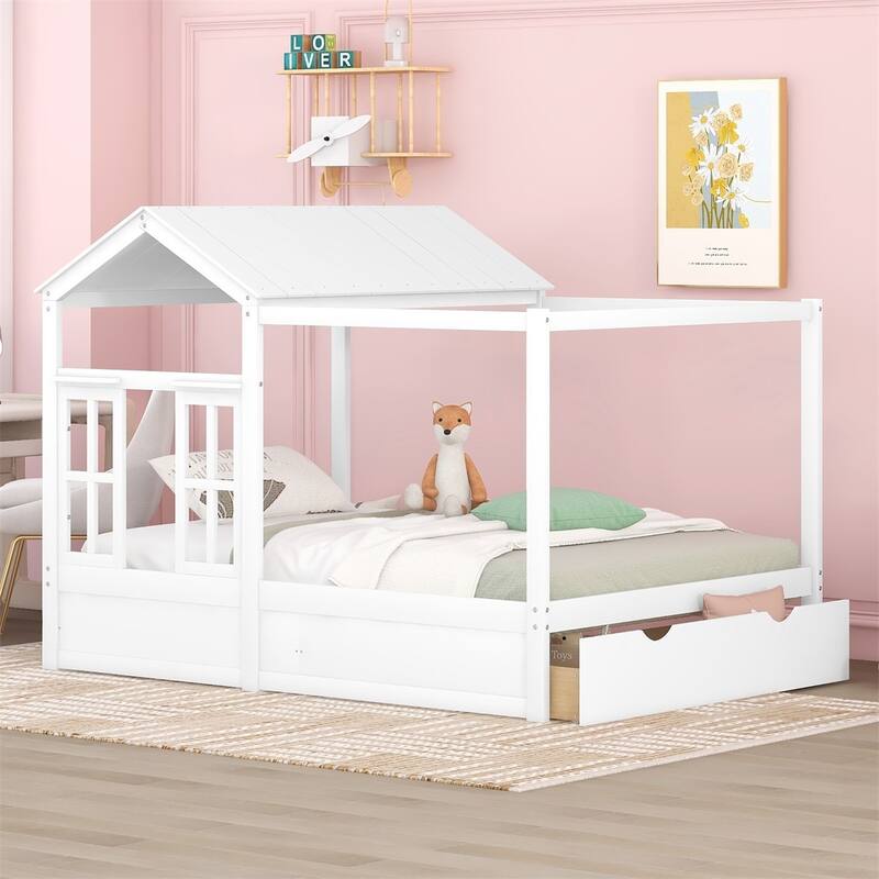 Merax House Bed with Roof, Window and Drawer