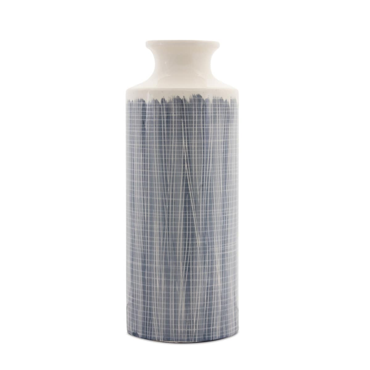 Blue and White Terracotta Floor Vase with Geometric Pattern Cylinder Shape
