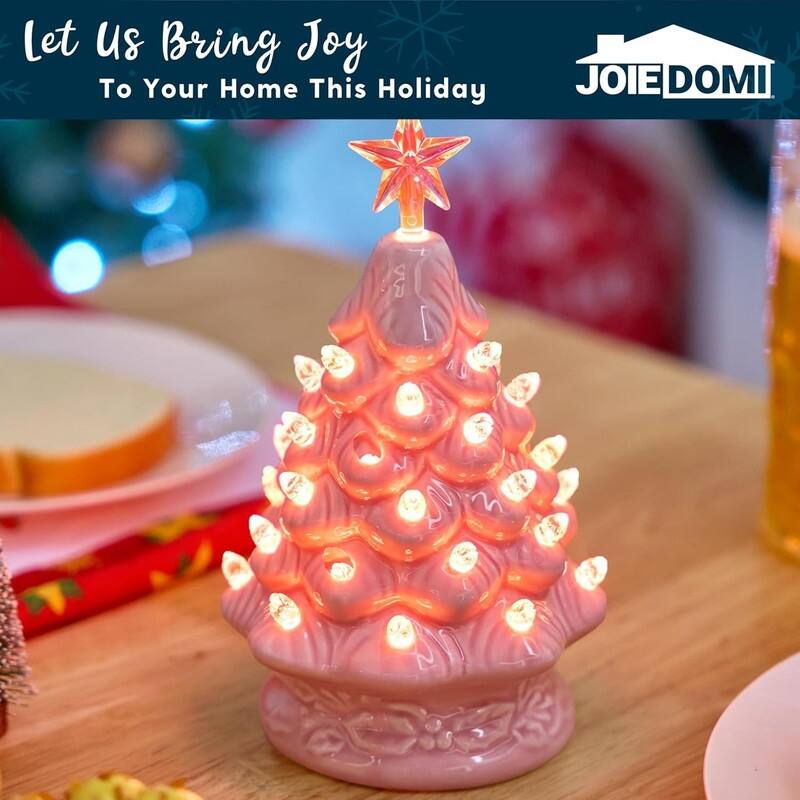 7" Pink Ceramic Christmas Tree, Prelit Tabletop Christmas Tree with Extra Clear Top Star & Bulbs
