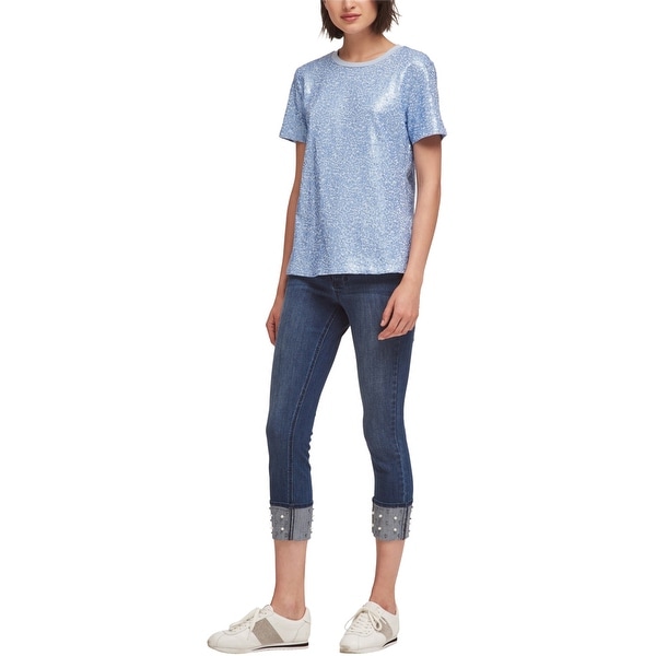 DKNY Womens Sequined Embellished T-Shirt, Blue, Medium. Opens flyout.