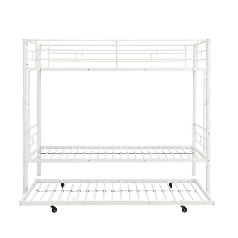 Twin Over Twin Bunk Bed with Trundle, Metal Bunkbeds with Ladder and Full-Length Guardrail, Noise Free, for Kids, Teens, Adults