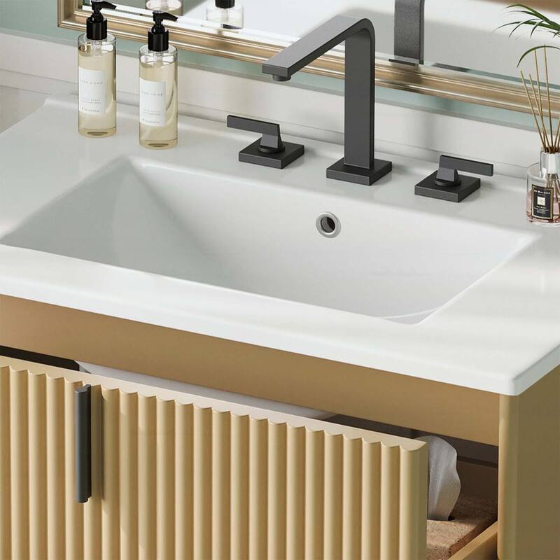 30-Inch Freestanding Bathroom Vanity with Ceramic Sink,Soft Close Drawers,and Fluted Design in Dark Brown