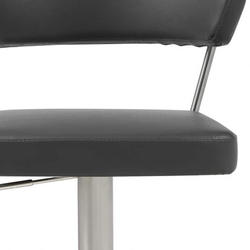Black Faux Leather Bucket Bar Stool with Silver Stainless Steel Pedestal, Adjustable Height - 22” x 20” x 34” (D x W x H)