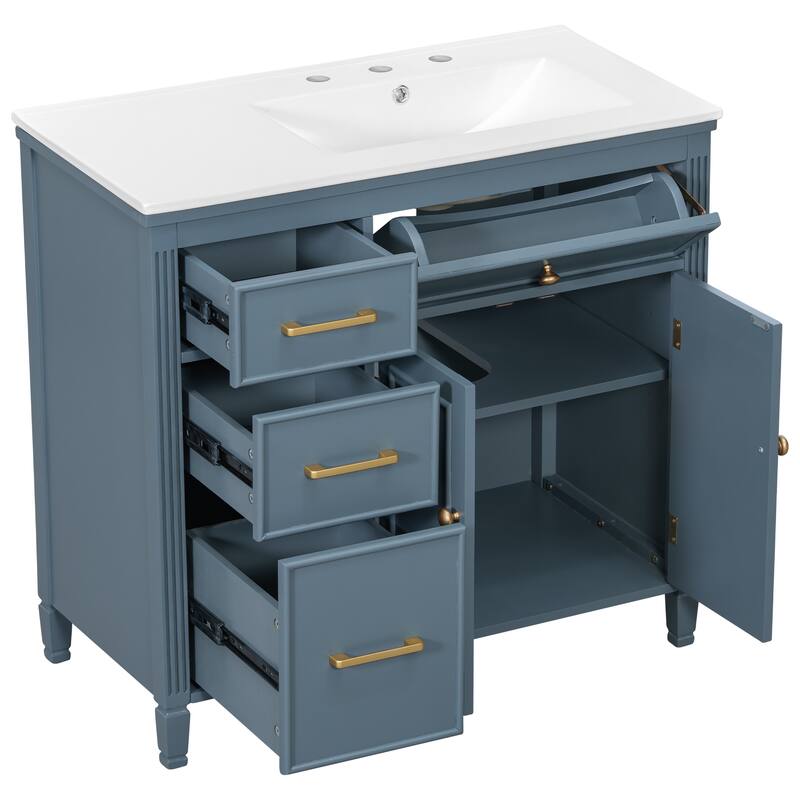 36" Bathroom Vanity with Ceramic Sink, Tip-Out Drawer & 3 Side Drawers, Adjustable Shelf Storage Cabinet