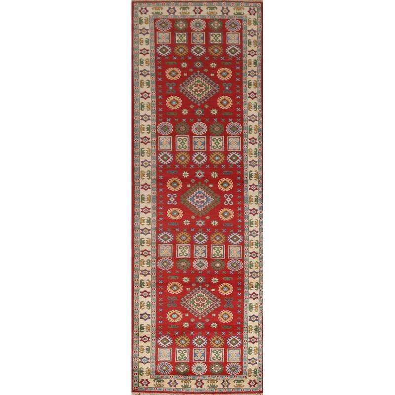 Red Geometric Traditional Kazak Oriental Wool Runner Rug Hand-knotted - 2'9" x 9'4"