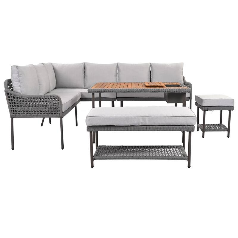 Outdoor 6-Piece Rope L-Shaped Sectional Sofa Set with Acacia Table & Ice Box