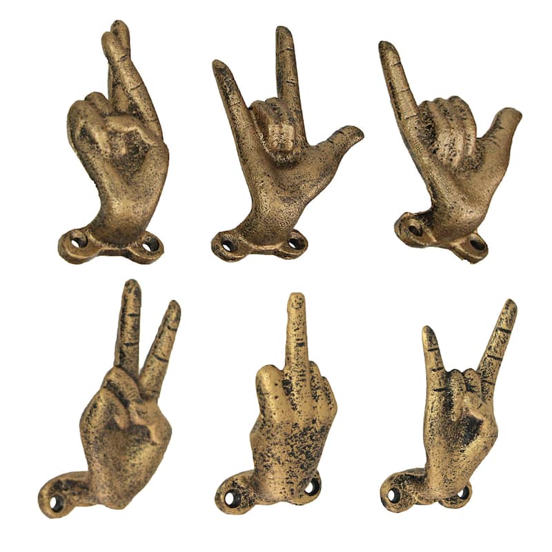 Set Of 6 Cast Iron Hand Gesture Hooks Vintage Finish Hangers - 4.25 X 3.25 X 2 inches