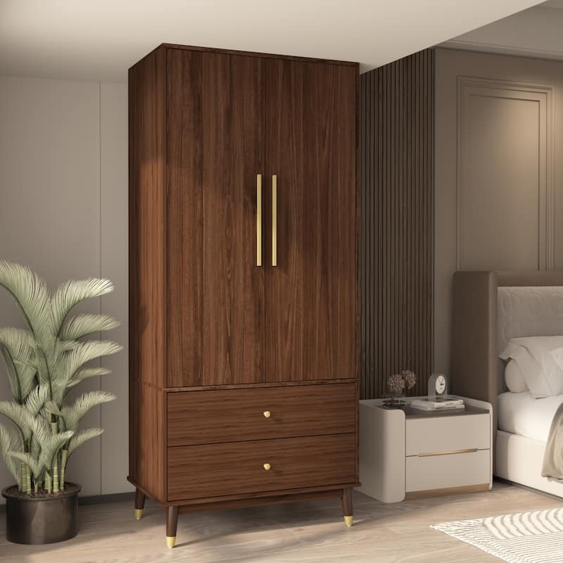 70.9"H Armoires & Wardrobe Two Drawers Hanging Storage Closet Cabinet - Brown