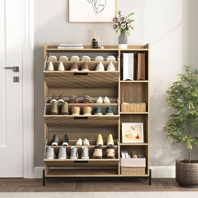 Modern Slim Shoe Cabinet with 3 Flip Drawers & Open Shelves
