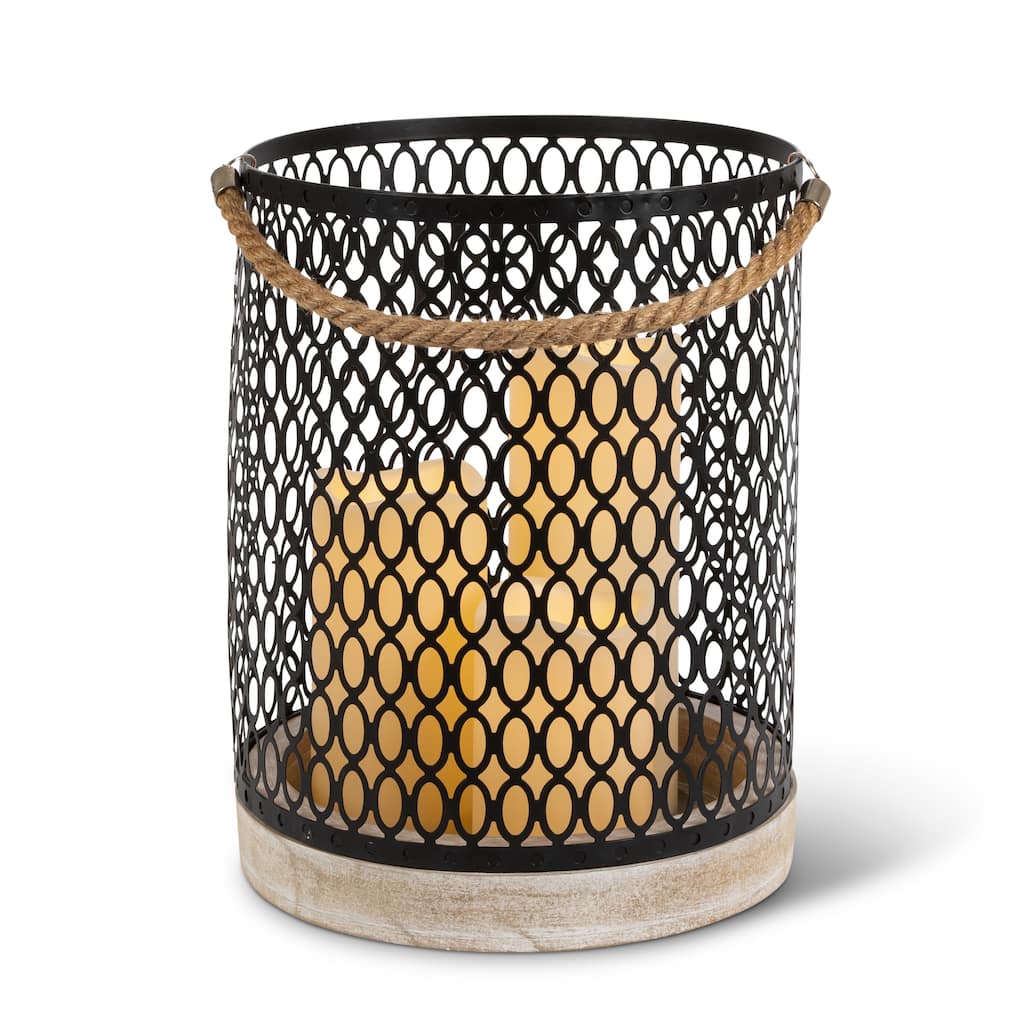 11.81 in H Wood Lantern with a Black Metal Cylinder with 3 Candles