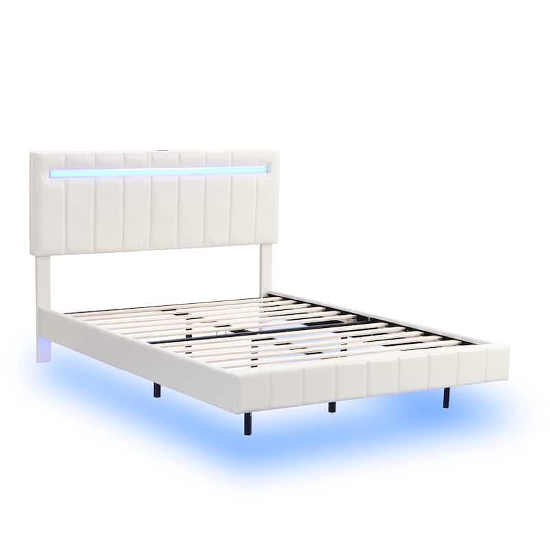 White Floating Bed Frame with Velcro Slats and USB Charging