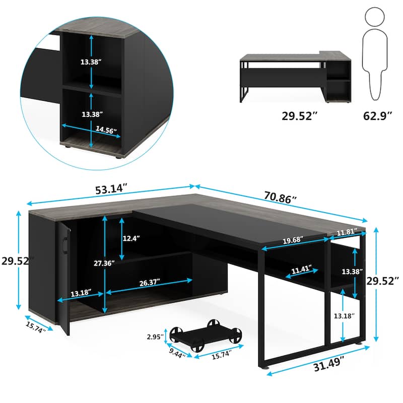 71 inch Executive Desk, L Shaped Desk with Cabinet and Shelves for Home Office