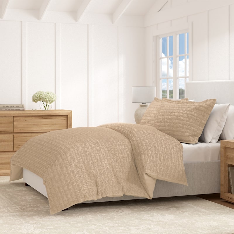 Linery & Co. 100% Cotton Reversible Honeycomb Waffle / Percale Duvet Cover Set - Cappuccino - Queen