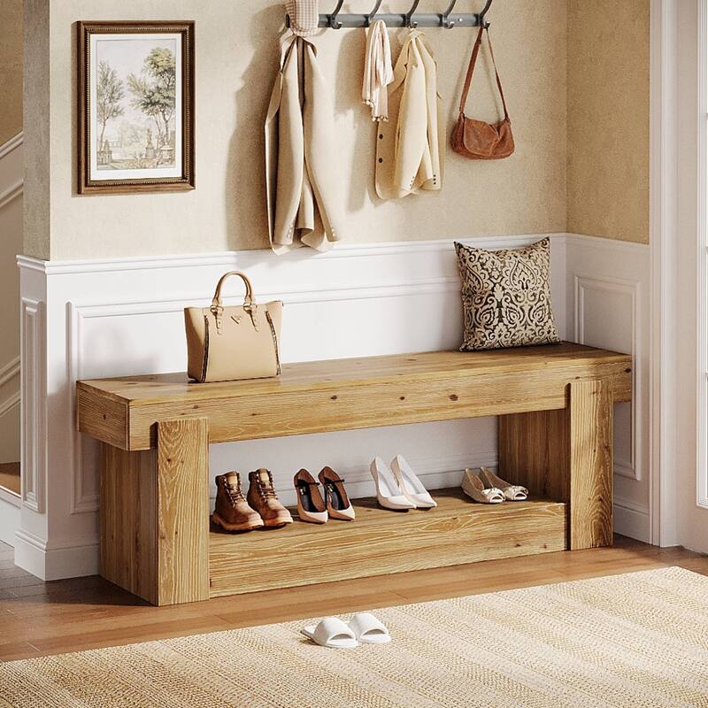 63 Inch Solid Wood Shoe Bench Entryway with Storage, 2-Tier Storage Bench for Bedroom End of Bed