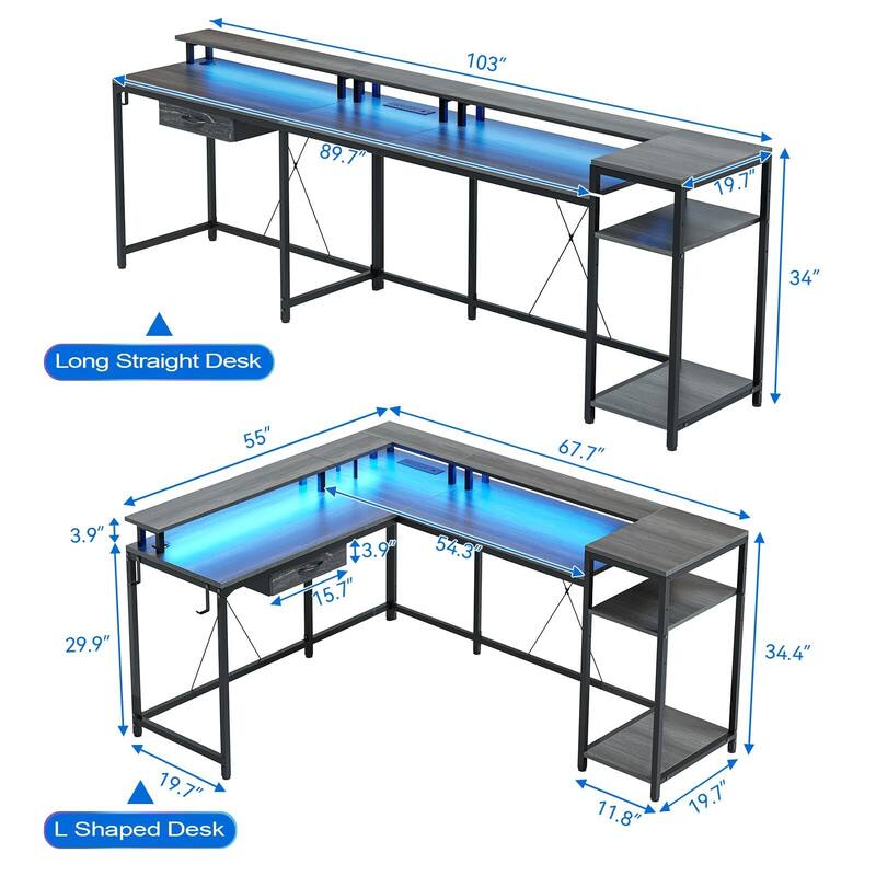 L Gaming Desk, 68" Home Office Desk with File Drawer & Power Outlet, Computer Corner Desk