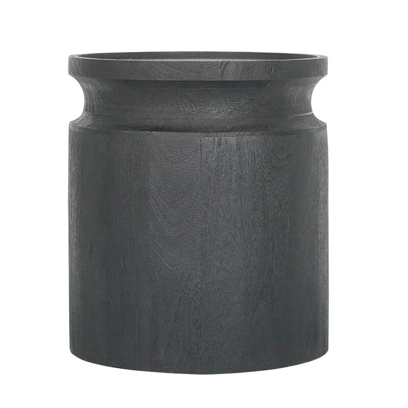 16 Inch Side End Table, Modern Cylinder Jar Like Design, Mango Wood, Black