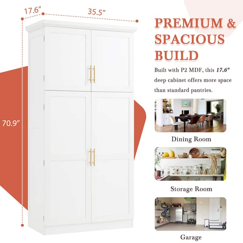 Tall Kitchen Pantry Cabinet with Pull-Out Trays - 35.5" 4-Door Storage Unit, Adjustable Shelves for Dining Room