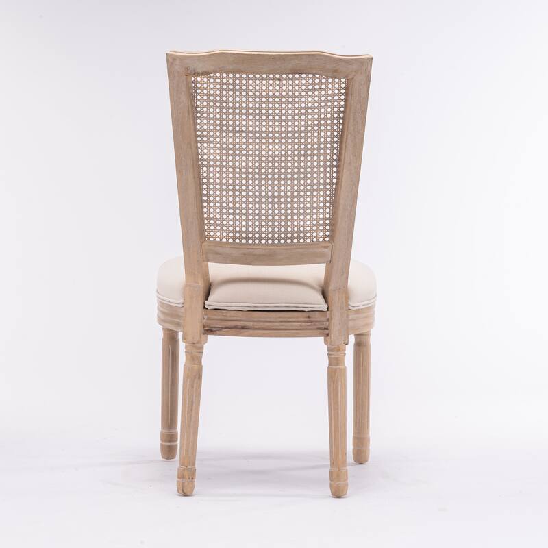 Solid Wood Dining Chairs Set of 2, Linen Upholstered Square Dining Chairs, Kitchen Chairs with Rattan Back & Wood Legs