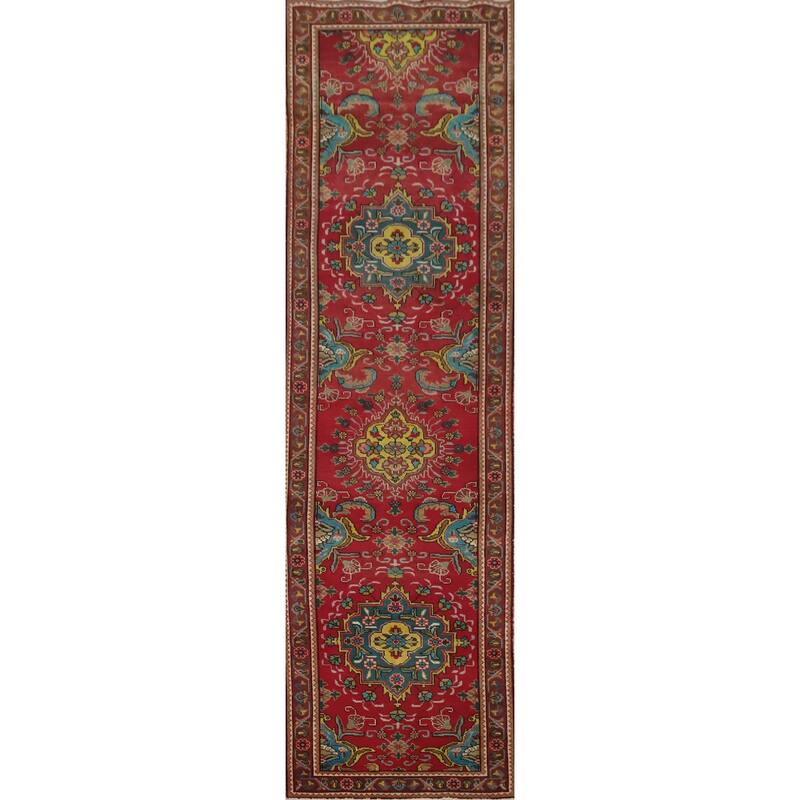 Hand Knotted Oriental 100% Wool Carpet Traditional Floral Red Tabriz Runner Rug - 13' 4'' X 2' 10''