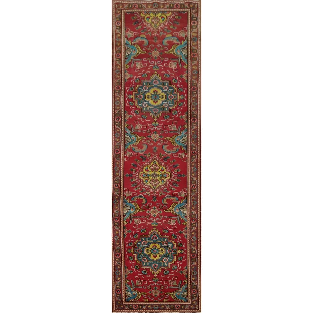 Hand Knotted Oriental 100% Wool Carpet Traditional Floral Red Tabriz Runner Rug - 13' 4'' X 2' 10''