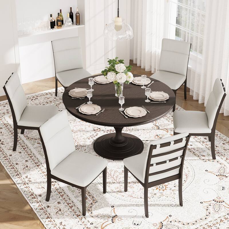 Ora Maison Farmhouse Ladder Back Dining Chairs Set of 2 - Wide Beige Seat, Solid Wood