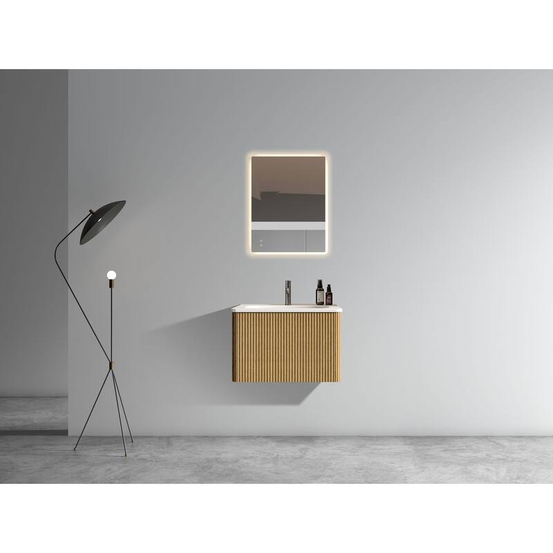 24 Inch Striped Walnut Bathroom Vanity with White Ceramic Sink,Wall Mounted Floating Bathroom Vanity for Modern Bathroom