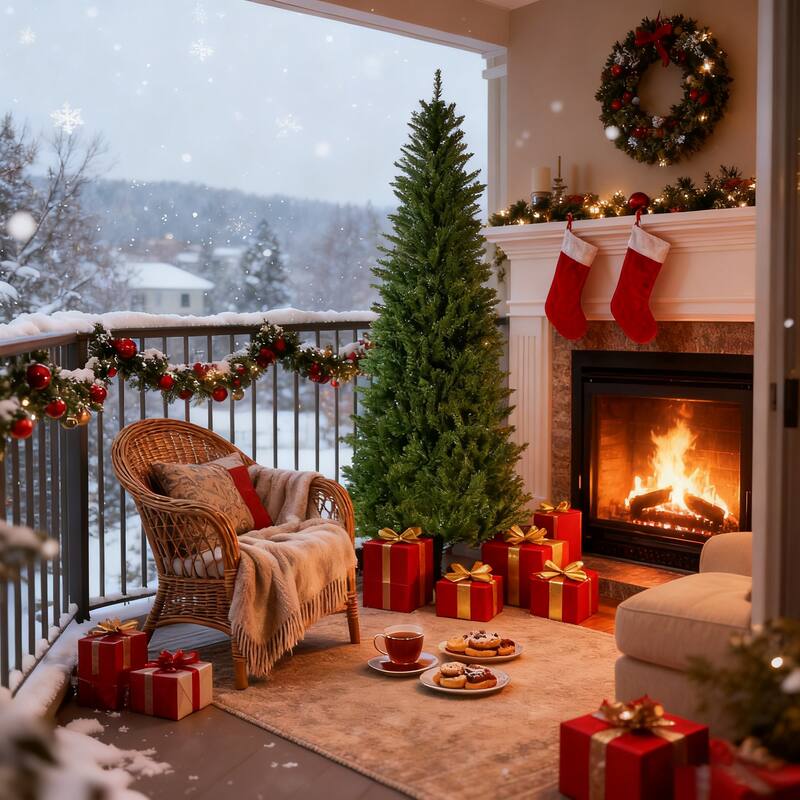 Classic Pencil Christmas Tree - Slim Shape, Dense Realistic Branches, Halloween/Christmas - Green