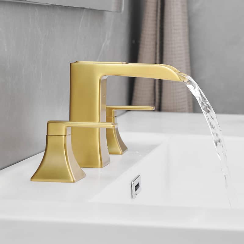 Double Handle Three-Hole Bath Waterfall Faucet with Drain - Brushed Gold
