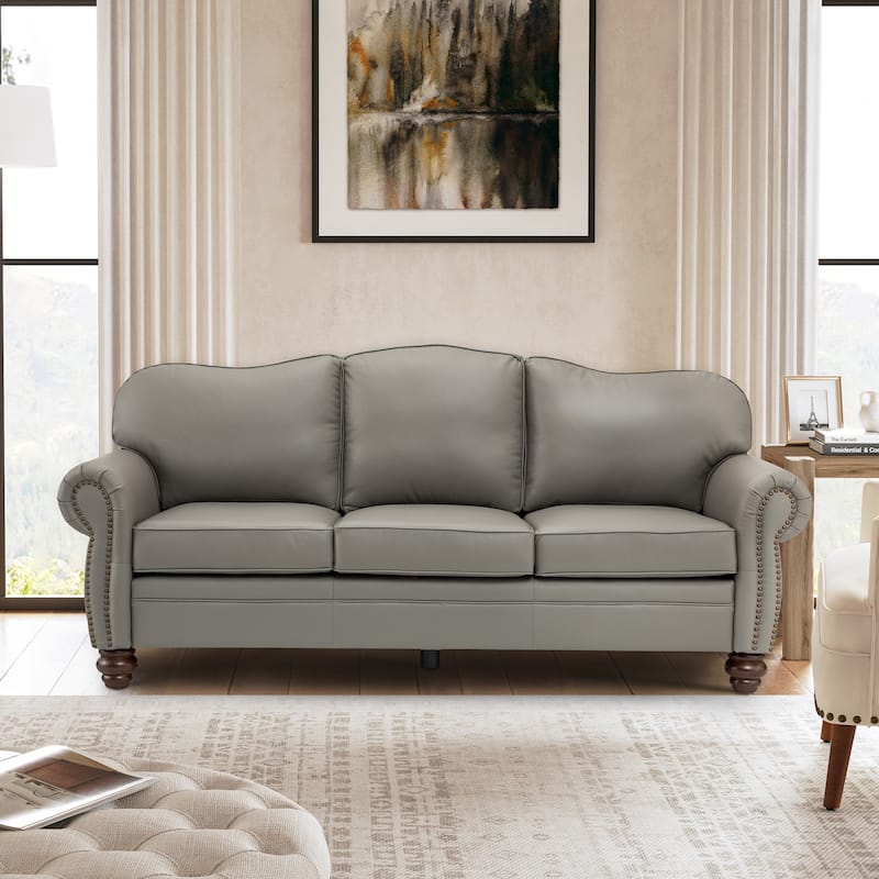 Balvino 81" Wide Transitional Genuine Leather Rolled Arm Sofa with Nailhead Trim and Removable Cushions