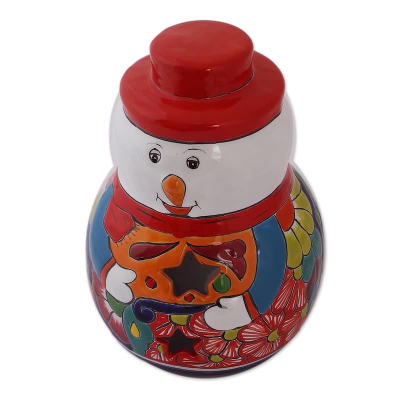 Novica Handmade Snowman Glow Ceramic Candle Holder