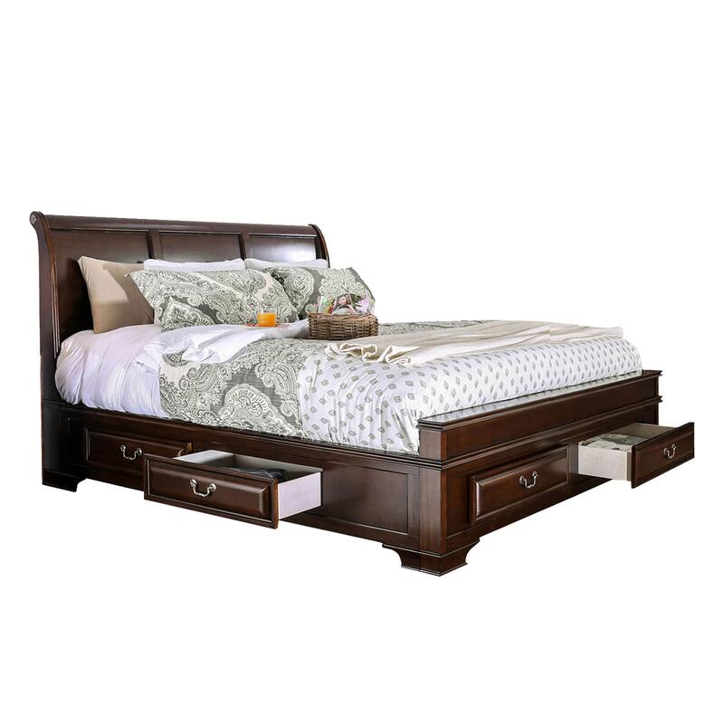 Lio Four Piece Queen Size Bedroom Set, Cherry Brown Wood Inlay Design, Silver Metal Handles