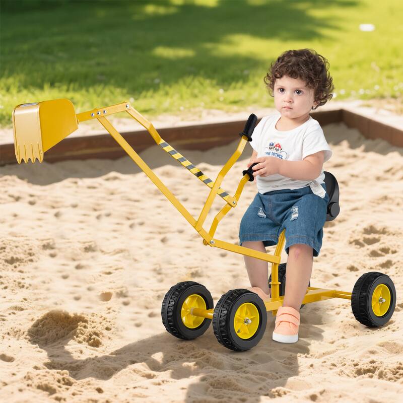 Kids Ride-On Sand Digger Toy with Rotating Seat and Bucket, Metal Frame Excavator for Ages 3+ - 48" x 16" x 26" - Yellow