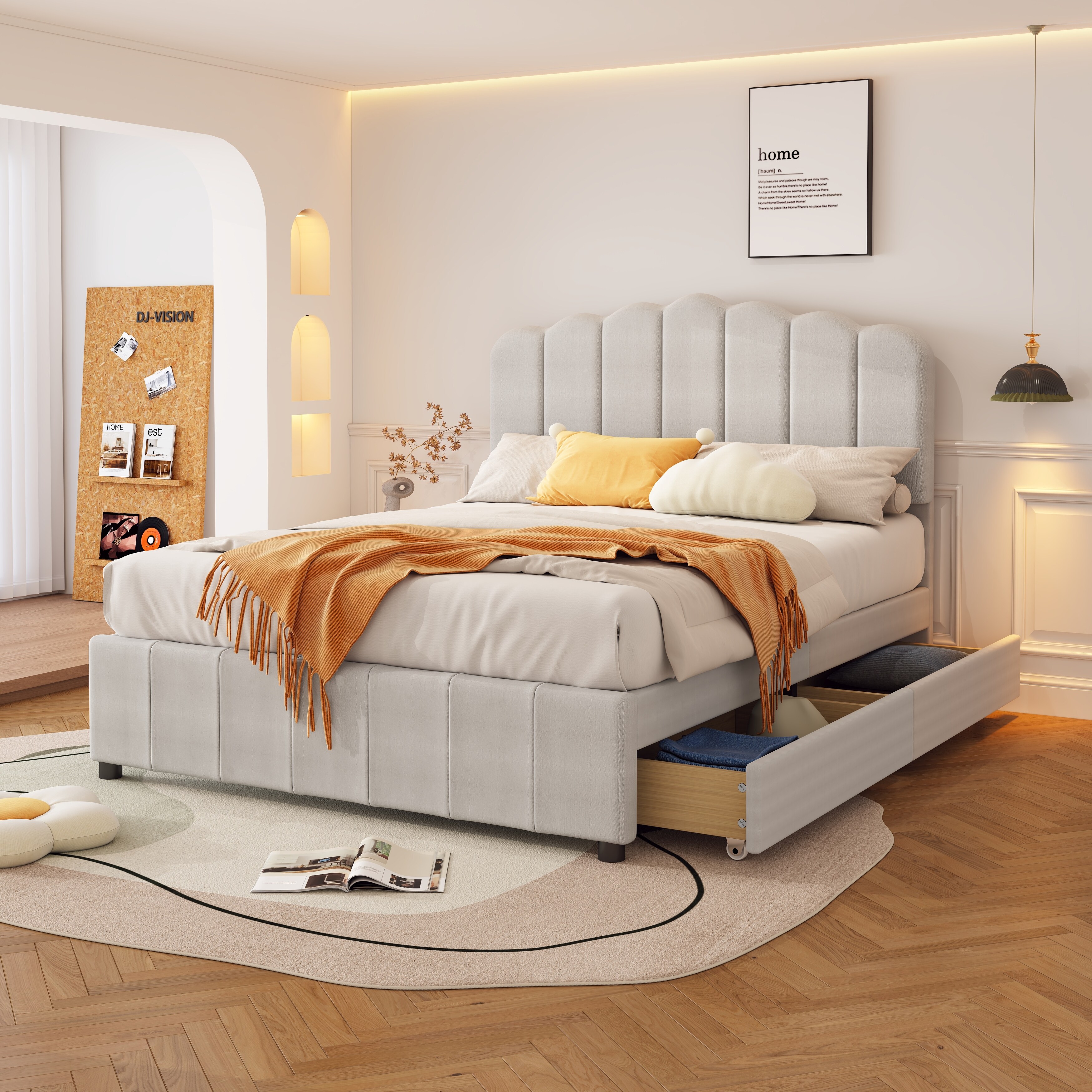 Traditional Full Size Upholstered Bed with 4 Storage Drawers Headboard and Wood Slat Support
