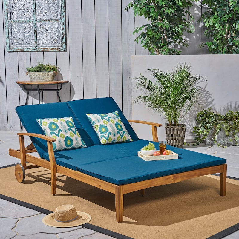 Roomfitters Double Outdoor Chaise Lounge with Adjustable Backrests and Cushions, Wheeled Acacia Frame, Blue - Blue