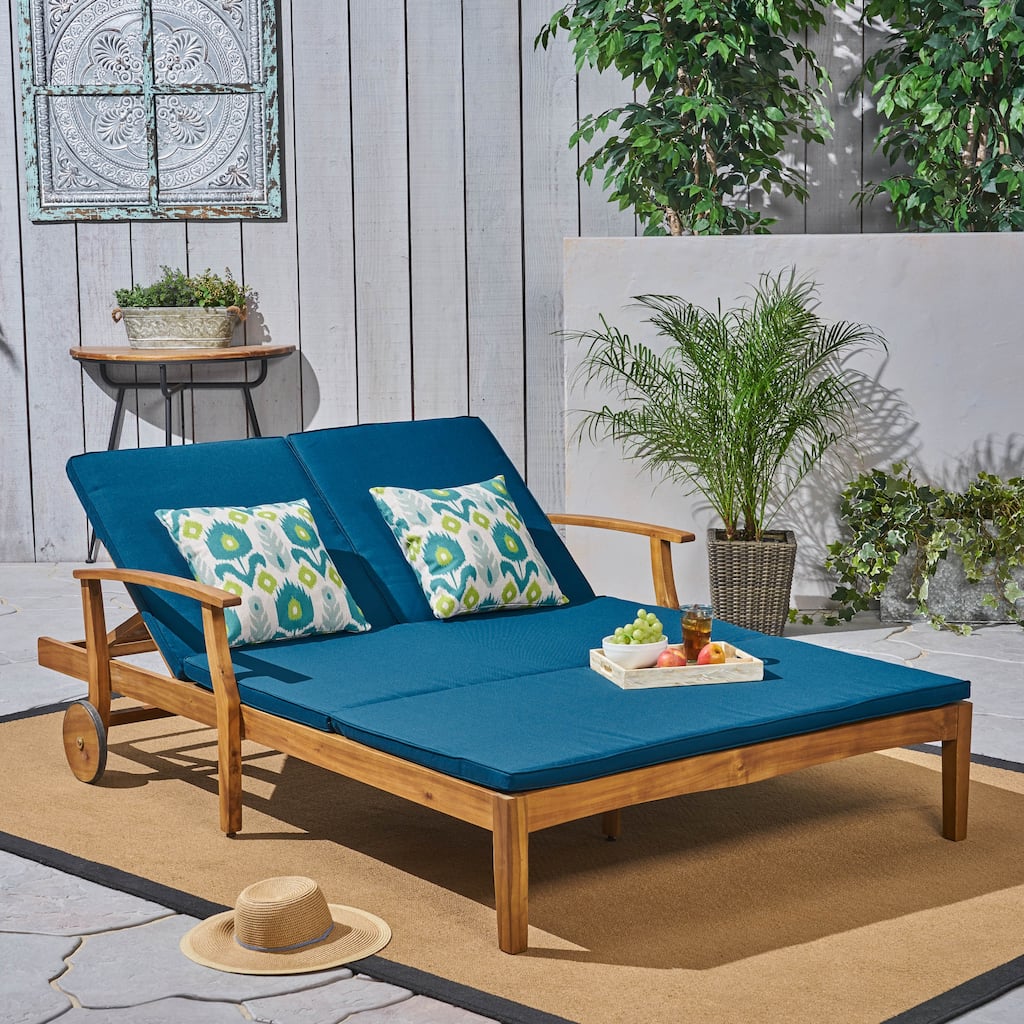 Roomfitters Double Outdoor Chaise Lounge with Adjustable Backrests and Cushions, Wheeled Acacia Frame, Blue