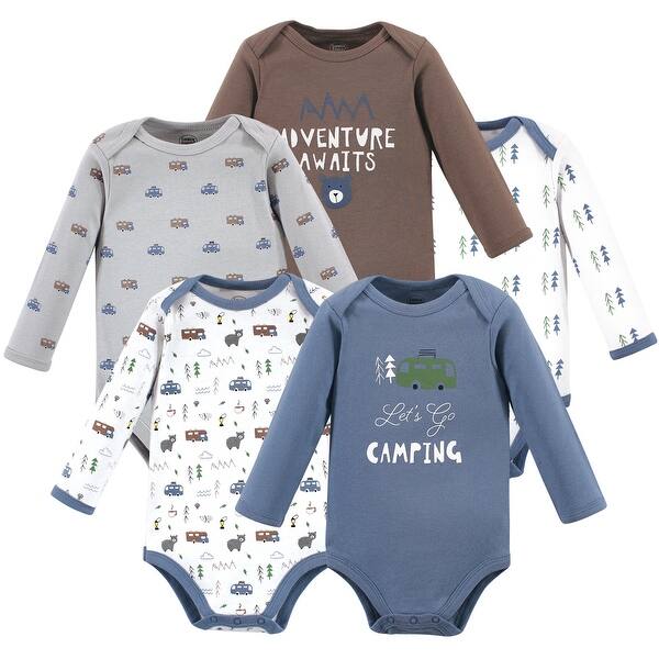 slide 1 of 1, Luvable Friends Baby Boy Cotton Long-Sleeve Bodysuits 5pk, Camping 0-3 Months - Camping