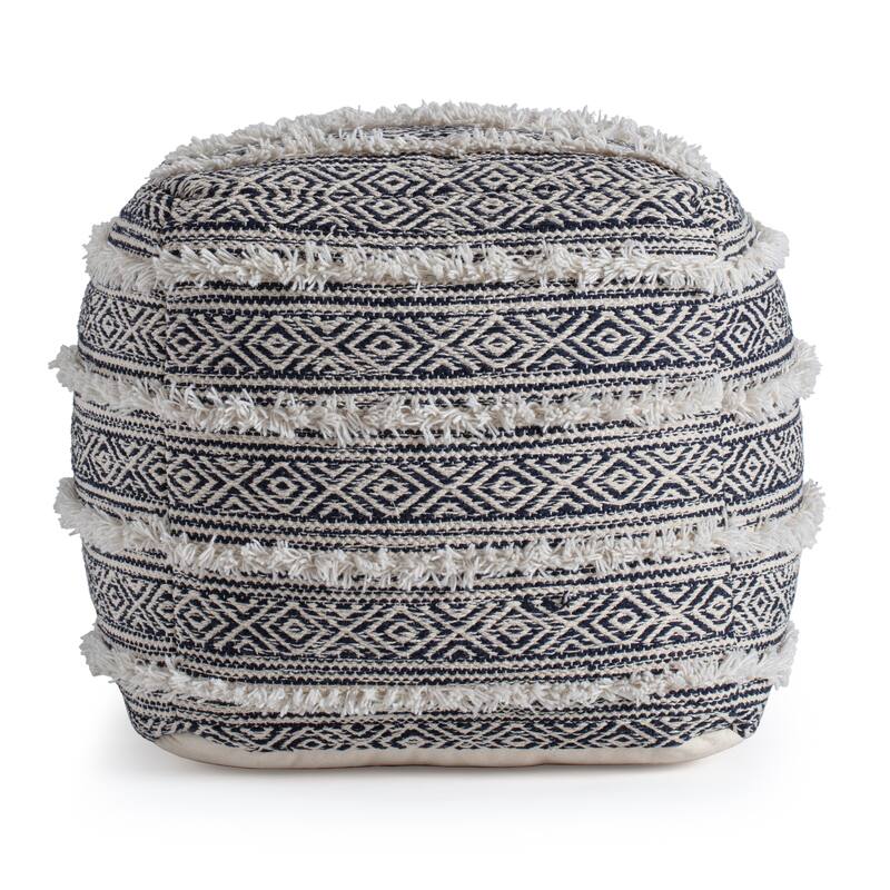 Jani Ouray 20 x 20 x 20 Blue & Ivory Square Pouf Ottoman - Handmade Footrest for Living Room, Bedroom, Nursery