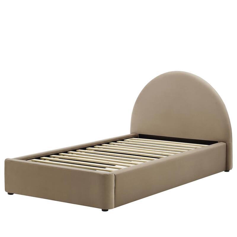 Palmetto Modern Round Headboard Taupe Velvet Upholstered Twin Size Platform Bed