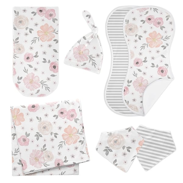 slide 2 of 6, Watercolor Floral Collection 7-piece Newborn Baby Layette Set - Blush Pink Grey and White Boho Shabby Chic Rose Flower Farmhouse