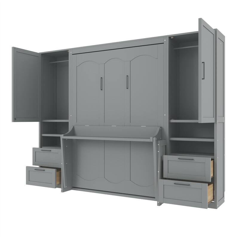 Full Size Murphy Bed Wall Bed with 2 Wardrobes and 4 Storage Drawers, Foldable Space Saving Murphy Cabinet Bed with Open Shelves
