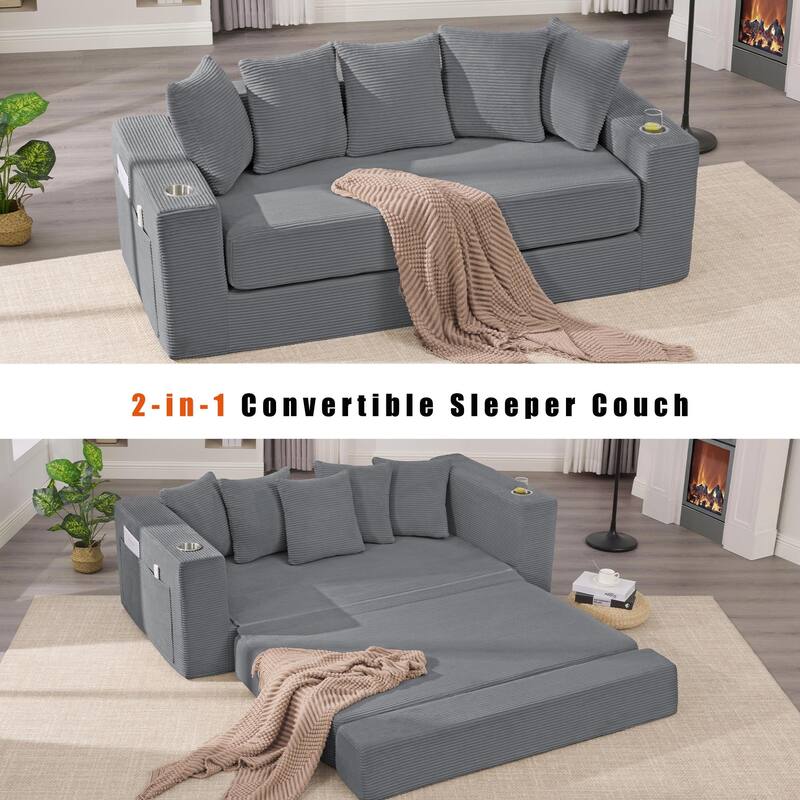 2-in-1 Convertible Sleeper Sofa, Floor Folding Couch, Sofa Bed with Side Pocket, Pull Out Loveseat with Cup Holders