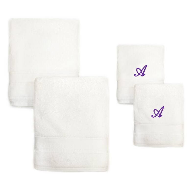 Sweet Kids 2-piece White Turkish Cotton Bath and Hand Towel Set with Lavender Purple Monogrammed Initial - white/purple a