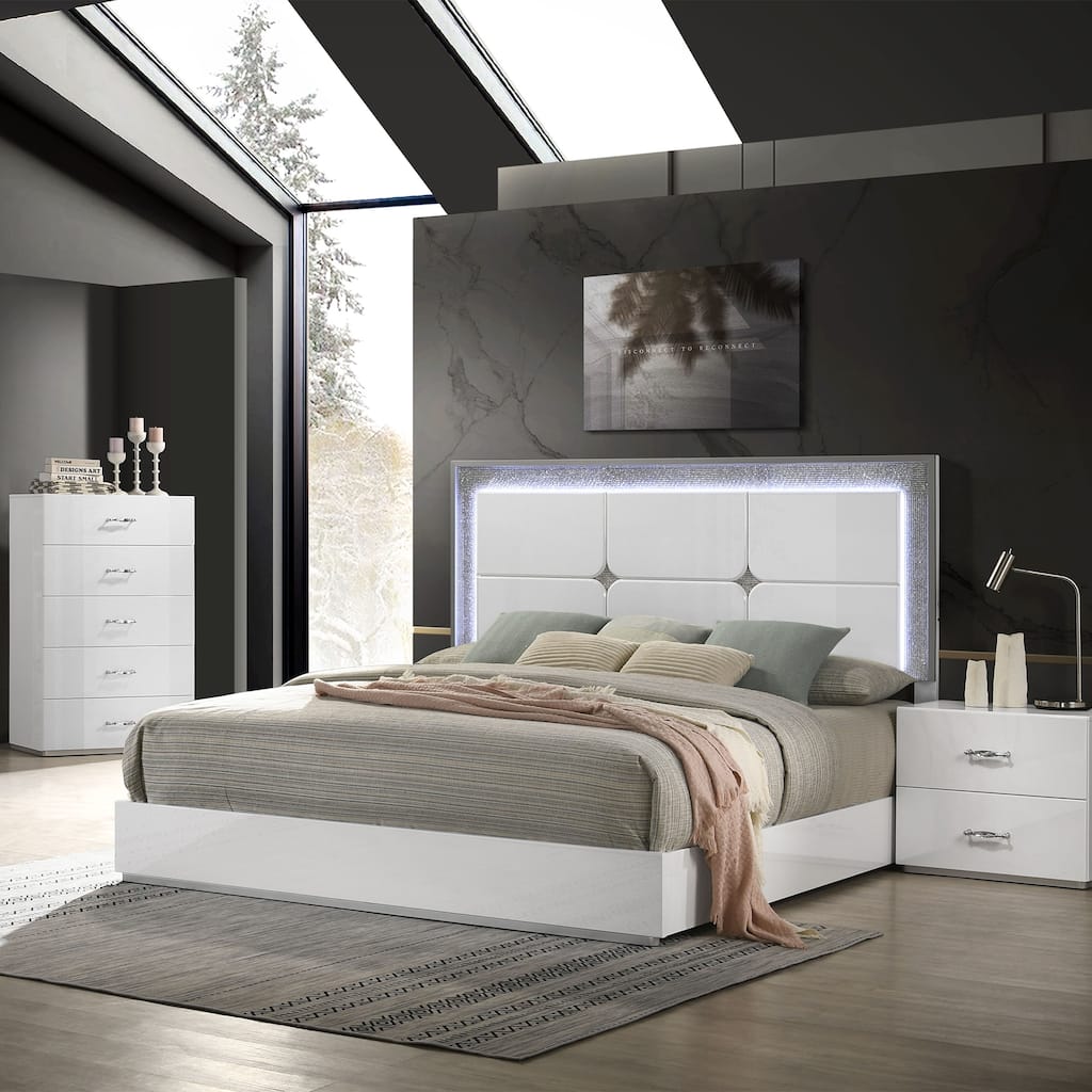 Luxurious LED Silver Rhinestone Trim on Headboard & Beveled Bed Platform Bed