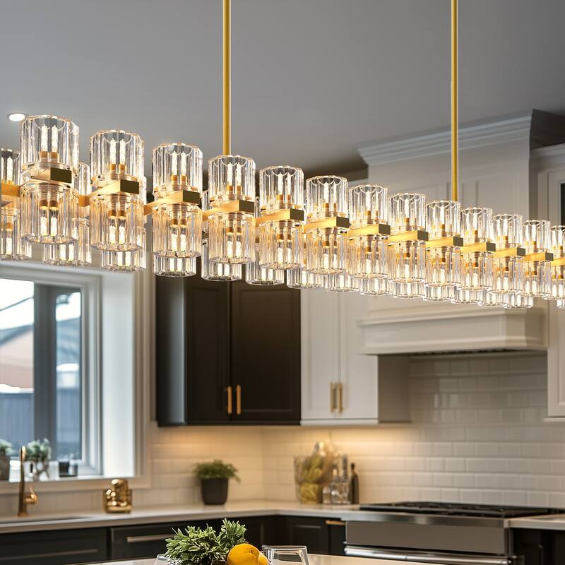 YANSUN 60-Light Brass Gold Crystal Chandelier, G4 LED, Modern Linear 3000K Warm