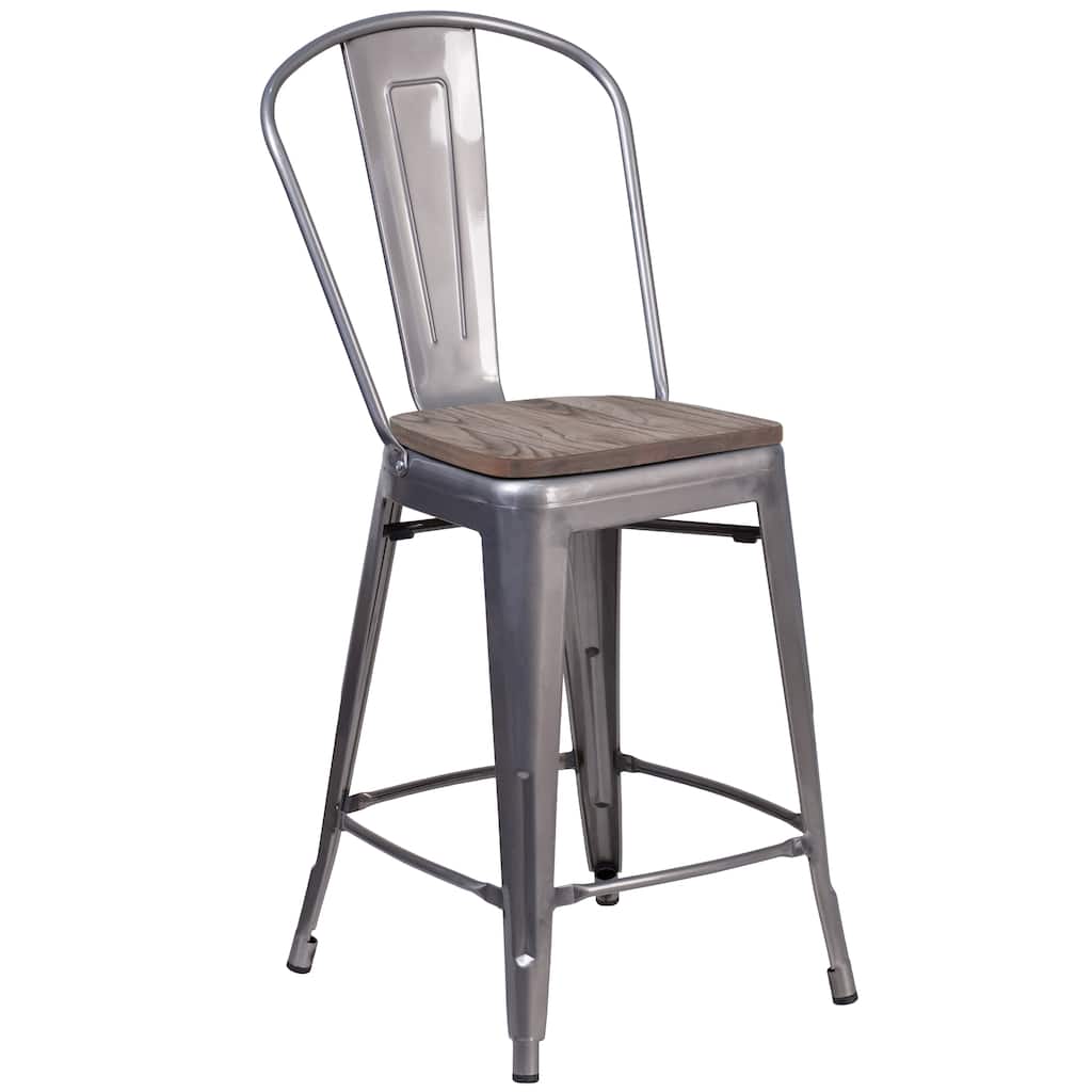 24" High Clear Coated Counter Height Stool with Back and Wood Seat - 17.75"W x 22"D x 40.5"H