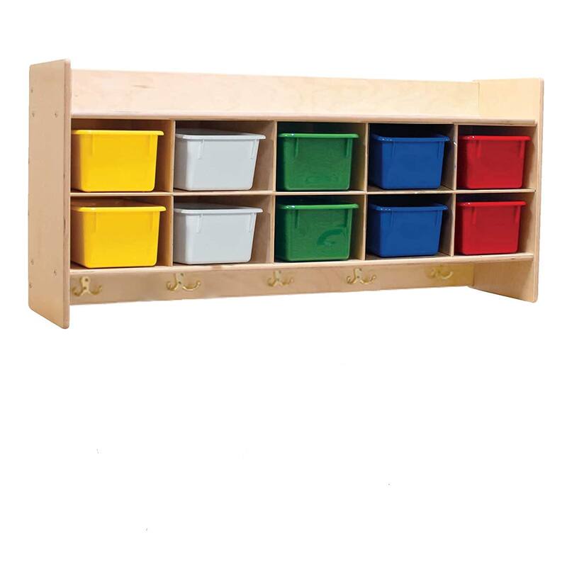 Contender 10 Section Storage Cabinet with Assorted Plastic Bins, Birch Wood Wall Mounted Storage Unit Toy Storage