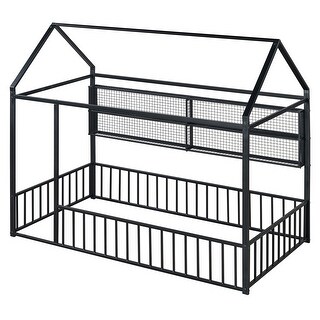 Metal Floor House Bed Frame with Fence and Shelves