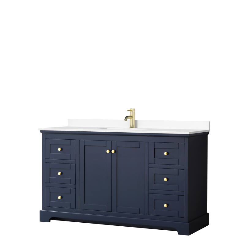 Avery 60 Inch Single Vanity, Cultured Marble Top - Dark Blue, Gold Trim, White Cultured Marble Top