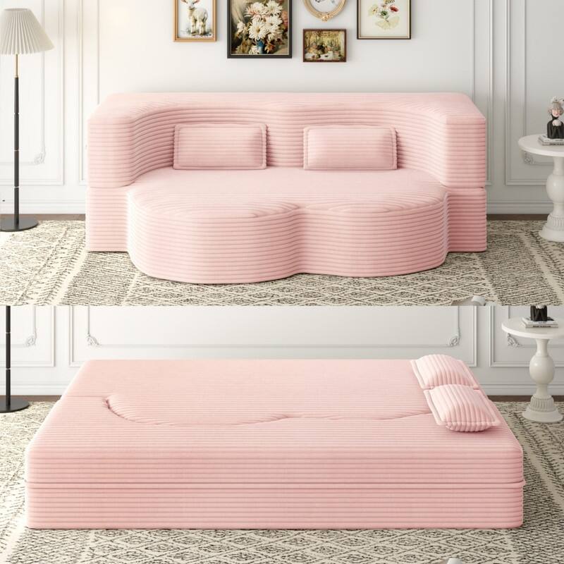 Modern 78" Full Size Convertible Corduroy Foam-Filled Sleeper Sofa,Modern Floor Sofa with 2 Pillows